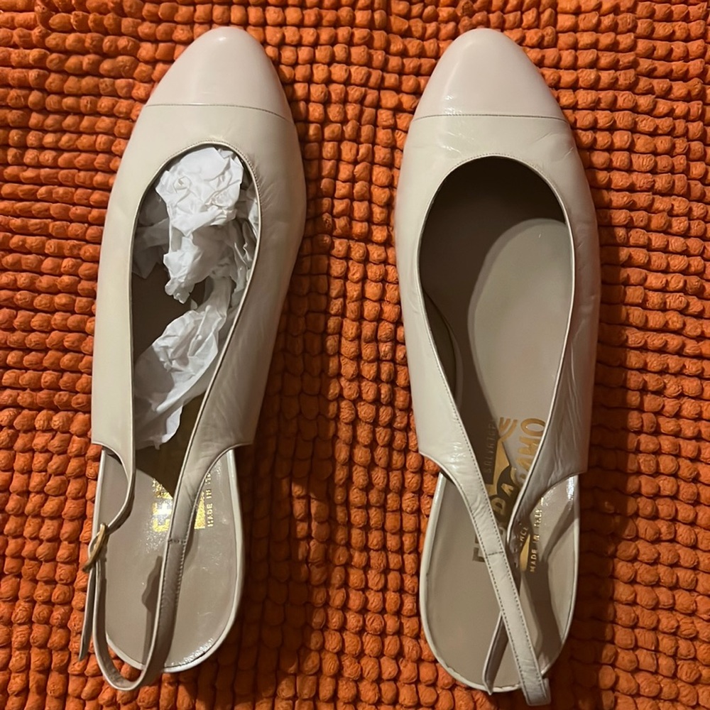 Salvatore Ferragamo sling back forearm colored shoes.